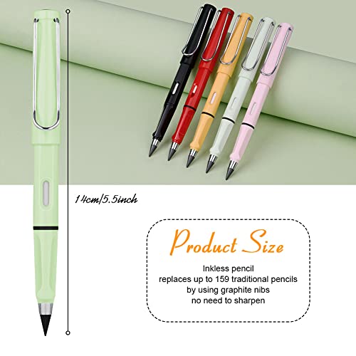 Ainiv Inkless Pencil with Eraser, 5 Sets Infinity Pencil Everlasting Pencil, Reusable Infinite Pencil with Extra 5 Eraser & 5 Replaceable Nibs, Endless Pencil for Home Office School Writing Drawing - color: 5PCS-Black、Red、Yellow、Green、Pink