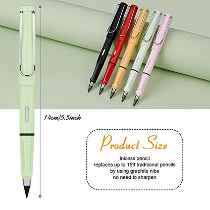 Ainiv Inkless Pencil with Eraser, 5 Sets Infinity Pencil Everlasting Pencil, Reusable Infinite Pencil with Extra 5 Eraser & 5 Replaceable Nibs, Endless Pencil for Home Office School Writing Drawing - color: 5PCS-Black、Red、Yellow、Green、Pink