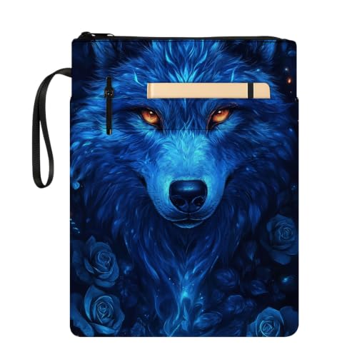 Padded Book Sleeve with Zipper & Front Pocket, Fabric Book Cover | Ice Blue Wolf Rose Flowers11.4"x8.7" Washable Canvas Pouch for Hardcovers, Tablets & Reading Accessories - color: Ice Blue Wolf Rose Flowers