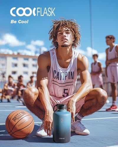 Coolflask Water Bottle 87 oz with Straw, 2/3 Gallon Insulated Stainless Steel Large 3 Lids Big Water Jug for Sports or Office, Non-BPA Keep Cold Up to 48 Hrs or Hot Up to 24 Hrs, Samurai Cyan | 2/3 Gallon Large Water Jug, Triple-Wall Vacuum, Cold 48+h/Hot