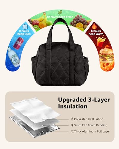 Quilted Puffer Lunch Bag for Women, Insulated Lunch Tote with Foil Lining, Leak-Resistant Reusable Lunch Cooler Bag, Roomy Soft Lunch Box for Work, School, Picnic and Travel (Black) - color: Black