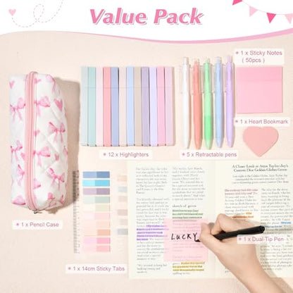 22Pcs Book Annotation Kit Aesthetic Pencil Case with Supplies School Annotation Supplies Gel Pen Transparent Sticky Note Taking Bible Study College Stationery Supplie (Pink Bows Hearts) - color: Pink Bows & Hearts