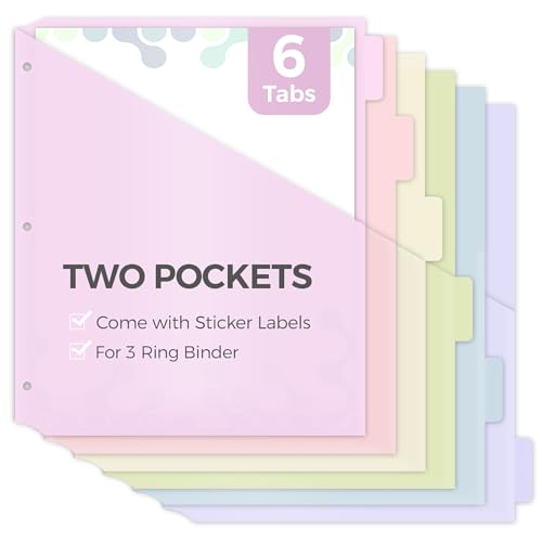 SKYDUE Binder Dividers with Tabs and Pockets, 6 Tabs Dividers for 3 Ring Binder, Tear-Resistant Plastic Binder Dividers for School, Office, Home - color: Pink, size: 1 SET