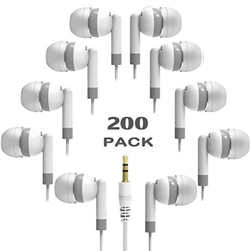 Bulk Earbud Headphones 200 Pack for School Classroom Kids, Wholesale Wired Earphones Durable Class Set for Students Children Toddler Teens Boys Girls and Adult (XPG101, 200 PCS) - color: White, size: 200 Pack