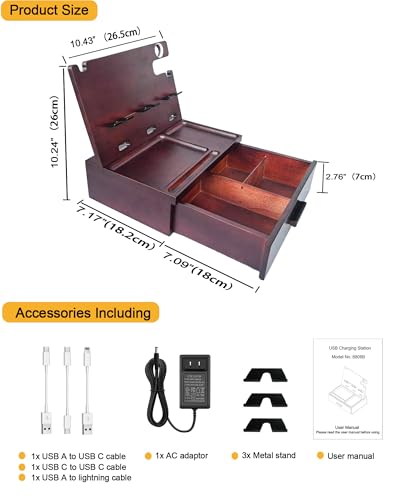 Nightstand Organizer with Drawer Built in 4 USB Charger, Wood Phone Docking Station with Dual Phone Charging Station for Apple Android Phones Anniversary Birthday Gifts for Men Dad Hunsband Mom