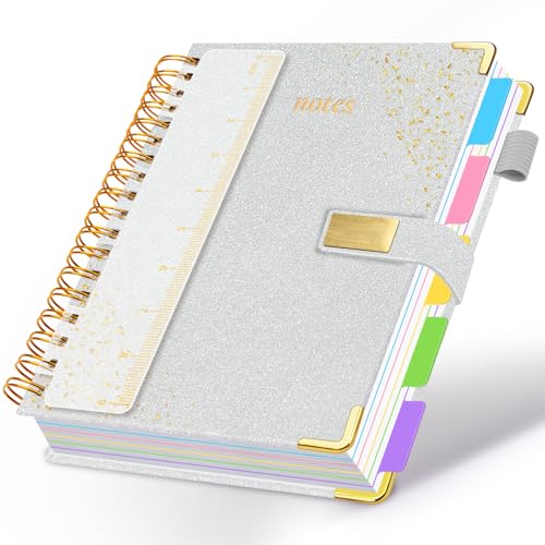 Spiral Notebook Journal 8''x 10'' 5 Subject Notebook with Dividers, 300 Pages Notebook College Ruled with Magnetic Closure, B5 Tabbed Notebooks for Work School, Sparkle Journal for Women (Silver) - color: Silver, size: (B5)8''x 10''