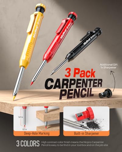 Nicpro 18 Pack Carpenter Pencils Mechanical, Construction Pencils with 60 Refill, Automatic Center Punch and Carbide Scribe Tool, 2.0mm Mechanical Pencil for Woodworking, Best Carpenters Marking Tool - size: 18 Pack
