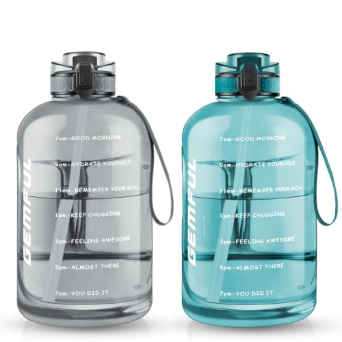 GEMFUL 3 Liter Water Bottle with Straw Time Marker 100oz Water Jug with Straw 2 Pack
