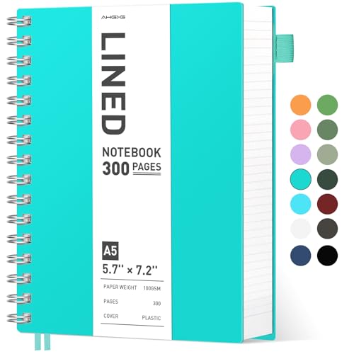 AHGXG Spiral Notebook - A5 Notebook College Ruled, Small 5.7" X 8.22", 300 Pages Thick Notebook Journal, 100GSM Lined Paper, Plastic Hardcover, for Work Office School Writing Notes, Lake Blue - color: Lake Blue, size: A5-Regular