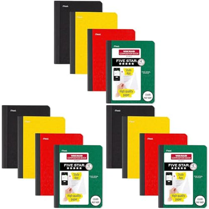 Five Star Composition Book + Study App, 12 Pack, Wide Ruled Paper, 7-1/2" x 9-3/4", 80 Sheets, Forest Green, Tidewater Blue, Fire Red and Harvest Yellow (950033B-ECM) - size: 12 Pack, style: Wide Ruled