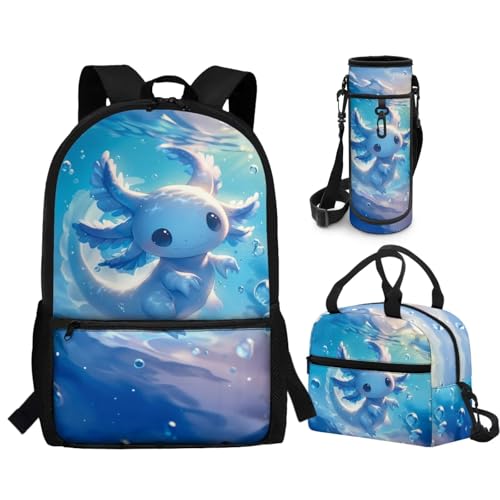 CLOHOMIN Cute Blue Axolotl Backpack with Matching Lunch Boxes 3 in 1 Book Bag and Lunch Tote & Water Bottle Bag Elementary/Middle School Bag Set Kids Bookbag Ages 8-12 Girls with Lunch Bag - color: Cute Blue Axolotl