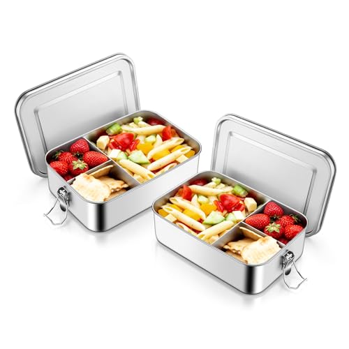 TeamFar 2 Pack Stainless Steel Bento Box, 47oz Metal Lunch Box | with 3 Compartments for Adults/Kids, Lunch Food Containers for School/Work/Meal Prep, Leak-Proof & Dishwasher Safe, 1400ML - size: 1400ML