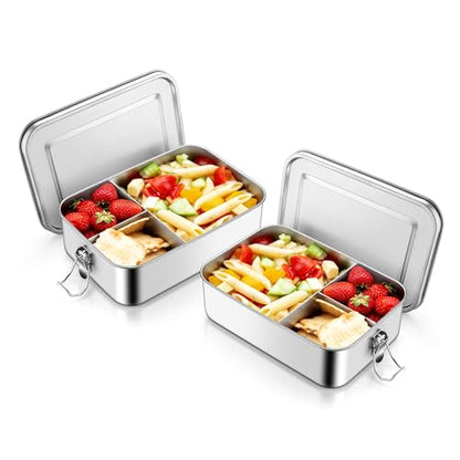 TeamFar 2 Pack Stainless Steel Bento Box, 47oz Metal Lunch Box | with 3 Compartments for Adults/Kids, Lunch Food Containers for School/Work/Meal Prep, Leak-Proof & Dishwasher Safe, 1400ML - size: 1400ML