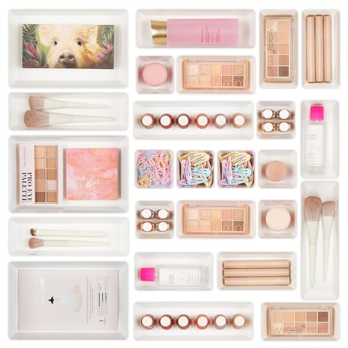 Vtopmart 25 PCS Plastic Drawer Organizers Set, 4-Size Versatile Bathroom and Vanity Drawer Organizer Trays, Storage Bins for Makeup, Bedroom, Kitchen Gadgets Utensils and Office | 4-Size Versatile Makeup Organizer, Storage Containers Small Bins for Makeup