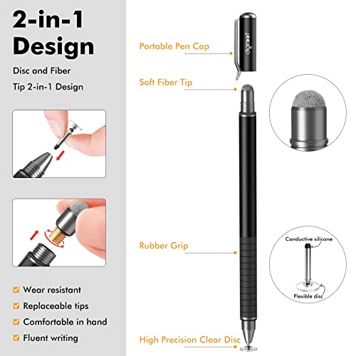 Digiroot Universal Stylus,[2-in-1] Disc Stylus Pens for All Touch Screens Cell Phones, iPad, Tablets, Laptops with 6 Replacement Tips(4 Discs, 2 Fiber Tips Included) - (Black) | High Sensitivity, No Charging, With 6 Replacement Tips(4 Discs, 2 Fiber Tips)