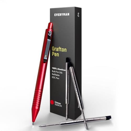 Everyman Crimson Grafton Gel Ink Pen Bundle | Premium 0.7mm Refillable Metal Pen with Comfortable Grip + 3 Black Refills | Smooth Writing EDC Pen Set for Office, Travel, Gifts & Daily Use - color: Crimson, style: Pen and Refil Set