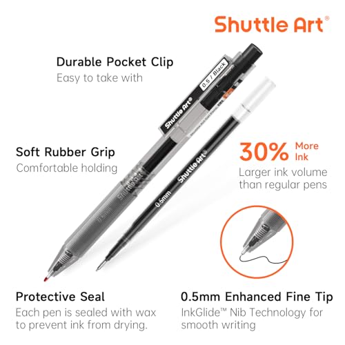 Shuttle Art Black Gel Pens, Ink Glide Series 15 Pack Retractable 0.5mm Fine Point Rollerball Gel Ink Pens Quick Drying Waterproof Smooth Writing with Comfortable Grip for Office School and home