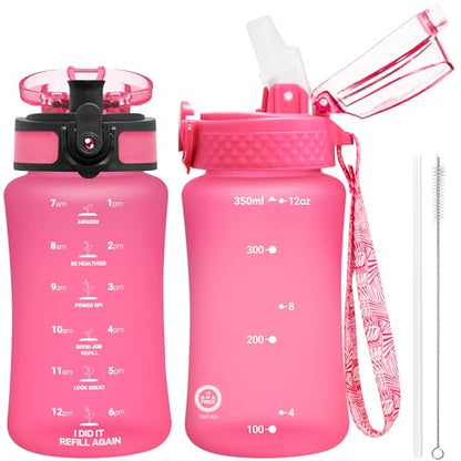 OLDLEY Kids Water Bottle for School, 12 oz (2 lids) BPA-Free Reusable Leak-proof Durable Tritan Plastic Water Bottles with Straw & Chug Lids, Anti-dust Spout Cover (Rose red) - color: Rose red, size: 12 Ounces