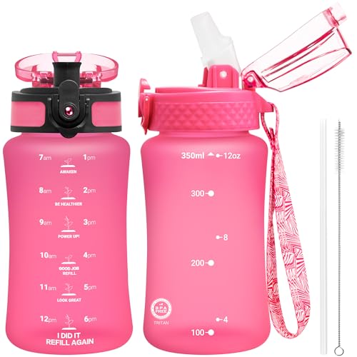 OLDLEY Kids Water Bottle for School, 12 oz (2 lids) BPA-Free Reusable Leak-proof Durable Tritan Plastic Water Bottles with Straw & Chug Lids, Anti-dust Spout Cover (Rose red) - color: Rose red, size: 12 Ounces