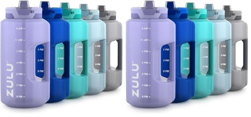 ZULU Goals 128oz Half Gallon Plastic Water Bottle with Straw & Time Marker | Large Reusable Jug with Handle and Leak Proof Lid for All Day Hydration, Gym and Outdoors, Gift Ready, Violet (Pack of 2) - color: Violet, size: 128 Ounces (Pack of 2)
