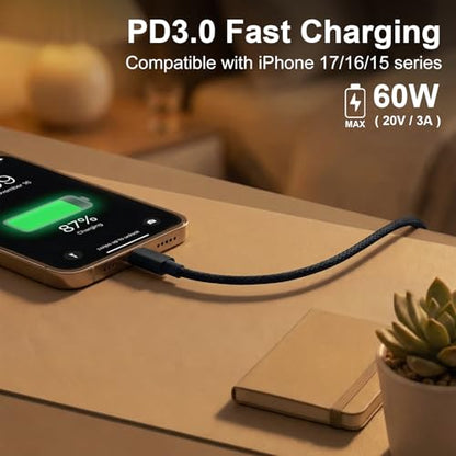 USB C to C Charger Cable, 60W, 3FT, 2-Pack, Black | Fast Charging, Braided Nylon, for iPhone 17/16/15, MacBook iPad, Galaxy S25/S24 - color: Black, size: 3FT+3FT