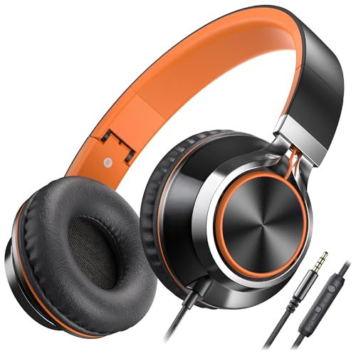 AILIHEN Kids Headphones, Headphones Wired with Microphone and Volume Control Folding Stereo Corded On-Ear 3.5mm Headset for Boys Girl Cellphones Tablets Chromebook Laptop Computer (Black/Orange) - color: Black, size: Medium