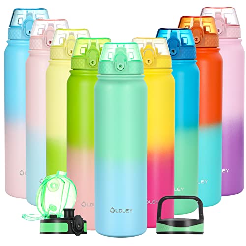 Oldley Insulated Water Bottle with Straw 32oz Stainless Steel Water Bottles with 3 lids Double-Wall Vacuum Thermal for Kids Adults School Sports,Light-Green-Blue - color: Light-Green-Blue, size: 32 Ounces