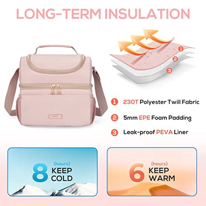TOURIT Insulated Lunch Bag with Dual Compartment, Leakproof Cooler Tote for Work Office Picnic, Thermal Food Container Pink - color: 02-Pink