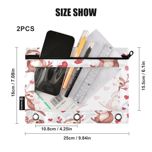 Cute Sloths Novelty Binder Pencil Pouch 3 Ring Clear Pouches with Zipper Pen Organizer for Office College School, 2 Pack - color: Multi-cute Sloths Novelty