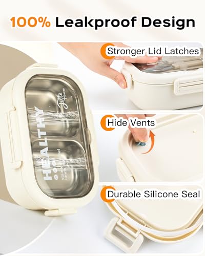 Lille Home 28oz Stainless Steel Leakproof 2-Compartment Bento Lunch Box/Portion Control Food Container with Lunch Bag and Cutlery Set, BPA Free (Beige) - color: Beige