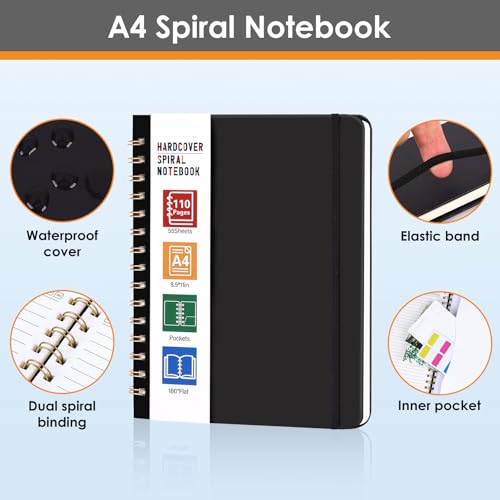 LABUK Spiral Notebook 8.5 x 11, A4 Large Notebooks for Women Men, 55 Sheets (110 Pages) College Ruled Hardcover Notebook for Work School Note Taking (Black) - color: 3-black, style: A4