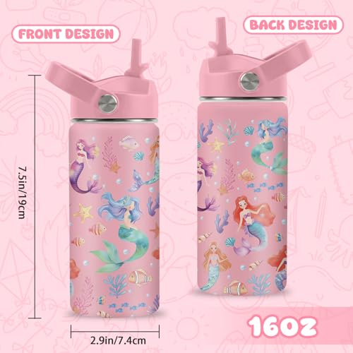 Mermaid Water Bottle, 16oz Little Mermaid Girls Stainless Steel Insulated Water Bottle with Straw Lid, Mermaids Cup Tumbler Gifts for Kids Girls - color: Little Mermaid