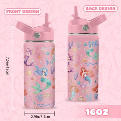 Mermaid Water Bottle, 16oz Little Mermaid Girls Stainless Steel Insulated Water Bottle with Straw Lid, Mermaids Cup Tumbler Gifts for Kids Girls - color: Little Mermaid