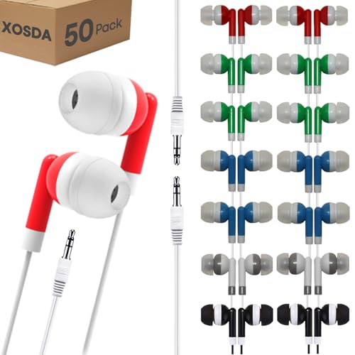 Bulk Earbud Headphones 50 Pack for Kids School Classroom, Wholeslae Wired Durable Class Set Earphones for Students Children Toddler Teens Boys Girls and Adult (Mixed Colors, 50pcs)