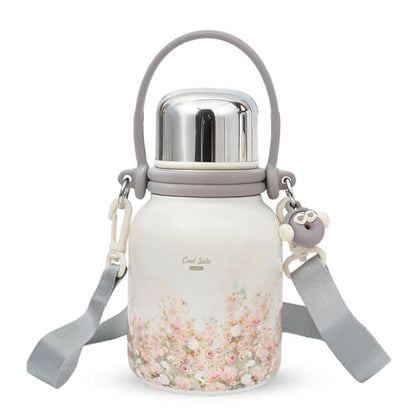 27 fl oz Floral Water Bottle with Strap & Handle, 316 Stainless Steel Insulated Tumbler, Leakproof One-Click Lid, Cute Aesthetic Gift for Women Girls Gym Travel