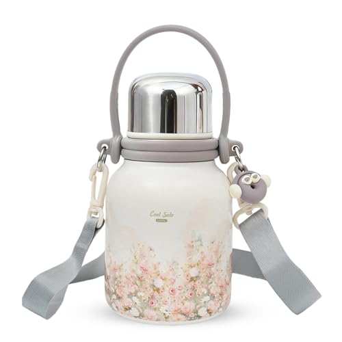 27 fl oz Floral Water Bottle with Strap & Handle, 316 Stainless Steel Insulated Tumbler, Leakproof One-Click Lid, Cute Aesthetic Gift for Women Girls Gym Travel