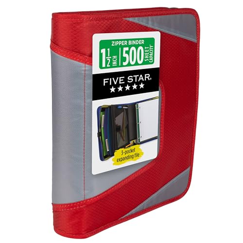 Five Star Zipper Binder 1.5 Inch O-Rings Case Organiser with 3-Pocket Expanding File, 500 Sheet Capacity, Crimson Fade (280146K) - color: Crimson Fade