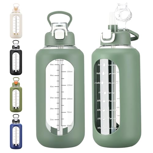 chunmo 64 oz Glass Water Bolttles with Straw Half Gallon Large Motivational Water Bottle with Time Marker Sports Water Bottles with Silicone Sleeve and Handle Lid Water Jug for Gym Workout - color: Olive, size: 64 Ounces