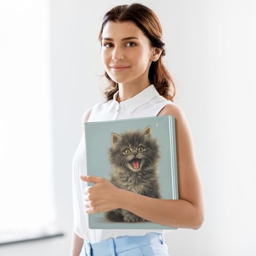 Fustylead Realistic Black Kitten Yawning Pattern 3 Ring Binder, D-Rings 1.5" Hardcover Folder, Fits 200 Sheets of A4 Paper, Durable Clipboard & Clean View with Inside Pockets for School Home Office - size: 12.4x10.63x2.36 Inch-2 Pack
