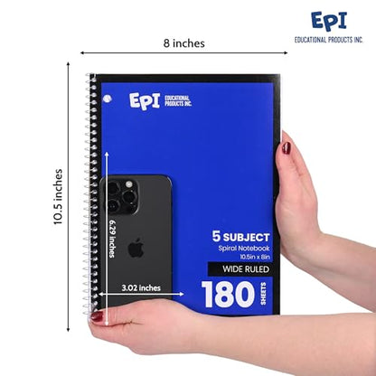 EPI Spiral Notebook | 5 Subject - Wide Ruled - 180 Sheets, Durable Spiral Binding | 10.5 x 8 in | Classroom Supplies | School, Office, Note Taking, Journaling - 3 Pack - size: Pack of 3, style: 5 Subject - Wide Ruled