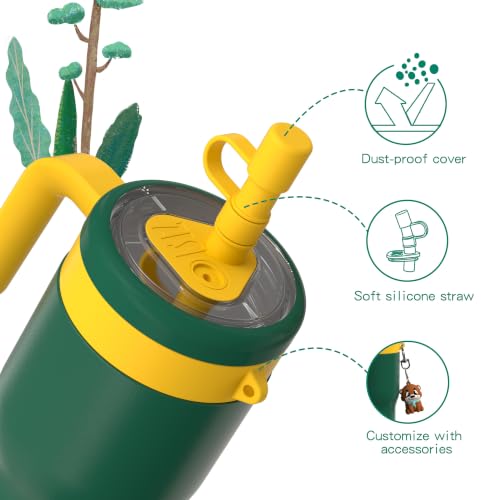 OISIZ 14oz Kids Tumbler with Straw Lid & Handle,Kids Cup with Animal Accessory for School,Kids Water Bottles with Dust-proof Cover,Leakproof Water Bottles,316 Stainless Steel,Keep Cold 24 Hours-green - color: Forest Green