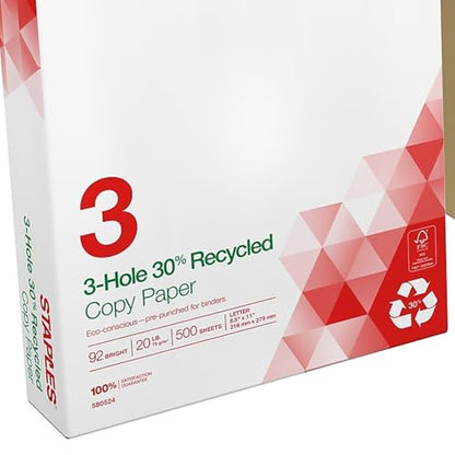 Staples Recycled 8.5 x 11-Inch, 3-Hole Punched Copy Paper 20 lb 92B 500/Ream 10 Ream/Count - size: 5,000 Sheets, style: Recycled