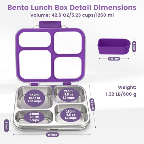 Stainless Steel Bento Box for Kids Adults with Silicone Container, Leak Proof 4 Compartments Metal Lunch Box, Removable Silicone Seal & Clear Lid Food Container for School Office, BPA-Free(Purple) - color: Purple