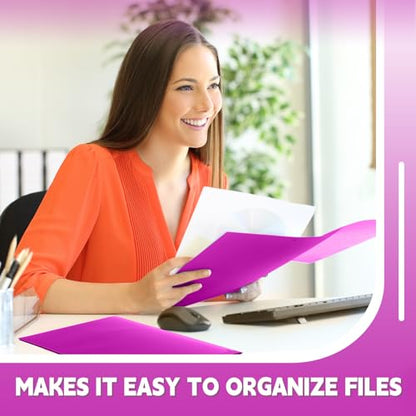 Gueevin 100 Pack Plastic Folder with Pockets, 2 Pocket Folders, Plastic Glossy Folders Fit Letter Size Paper, Heavy Duty Durable File Folder with Business Card for Home Office School (Neon Purple) - color: Neon Purple