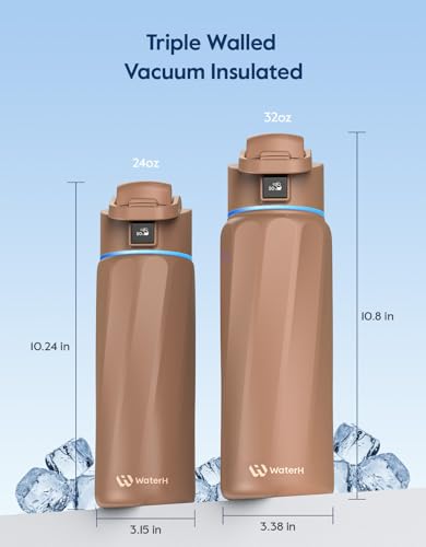 WaterH BOOST Smart Water Bottle Tracker with Reminder to Drink Water, 32oz | Double Wall Vacuum Insulated Stainless Steel, BPA-Free, Leakproof, Smart App Tracking, Travel-Friendly Wide Mouth for Office - color: Mocha, size: 32 Ounces
