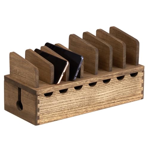 KIRIGEN Charging Station Organizer for Multiple Devices Desktop Organizer Wooden Cable Management with 7 Ports for Cell Phones, Tablets, Earphones GDXH-DBR - color: Brown
