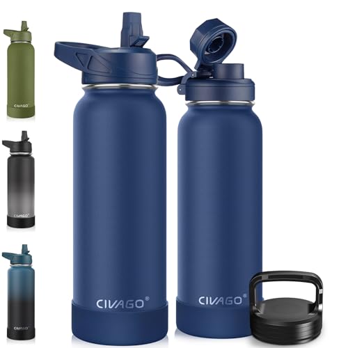 CIVAGO 40 oz Insulated Water Bottle With Straw, Stainless Steel Sports Water Cup Flask with 3 Lids (Straw, Spout and Handle Lid), Double Walled Travel Thermal Canteen Mug, Navy Blue - color: .Navy Blue, size: 40 Ounces