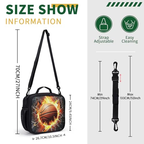 Fire Basketball Lunch Box for Boys Girls Black Lunch Bag with Shoulder Strap for Kids Teens Durable Large Capacity Insulated Lunchbox Thermal Meal Bag for School Picnic - color: A-S-basketball