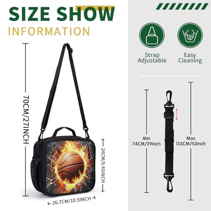 Fire Basketball Lunch Box for Boys Girls Black Lunch Bag with Shoulder Strap for Kids Teens Durable Large Capacity Insulated Lunchbox Thermal Meal Bag for School Picnic - color: A-S-basketball