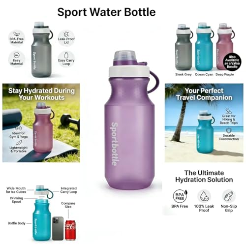 2 PCS Set Small Plastic Water Bottles, Sports Water Bottles with Leak-Proof Lid, Lightweight Reusable Water Bottles for Running,Gym, School, Travel, BPA Free,Leak Proof (Purple(13oz+20oz) - color: Purple(13oz+20oz）